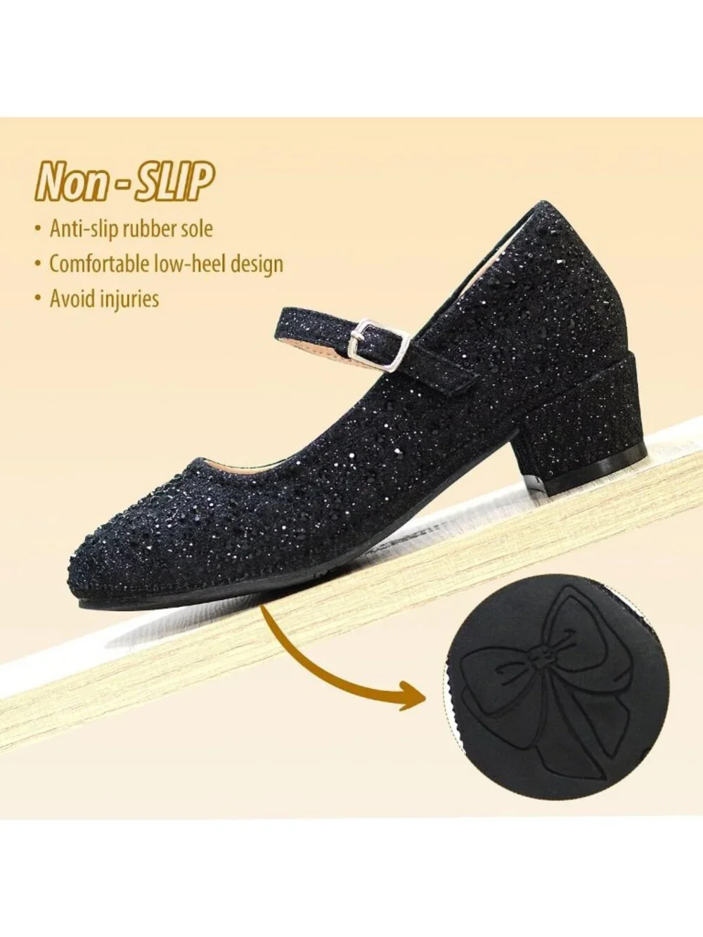 Sparkly Mary Jane Dress Shoes for Girls - Low Heel Hook & Loop Flats for School